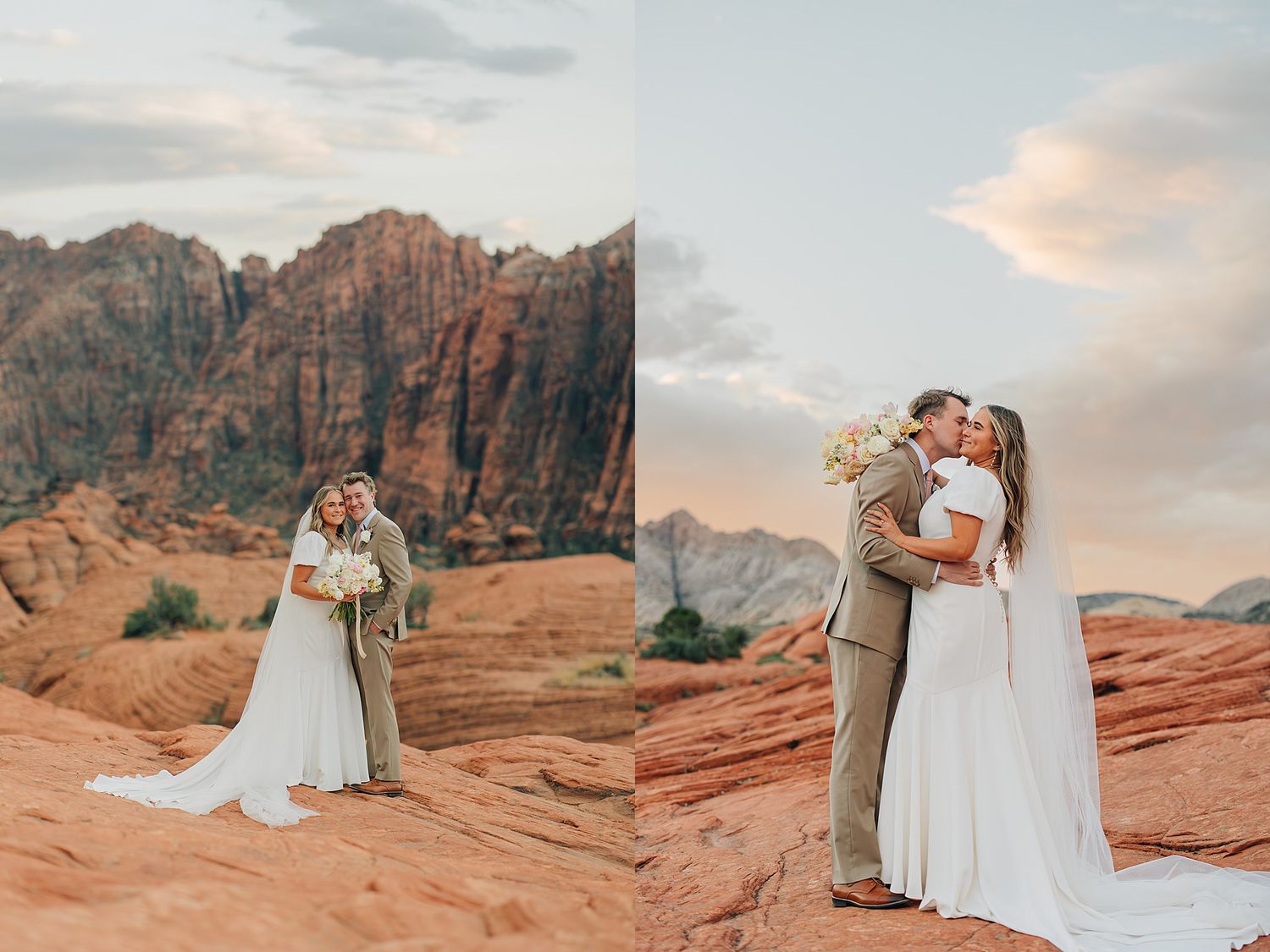 Bride and groom pose on red rock formations with dramatic canyon mountains at sunset during desert elopement.