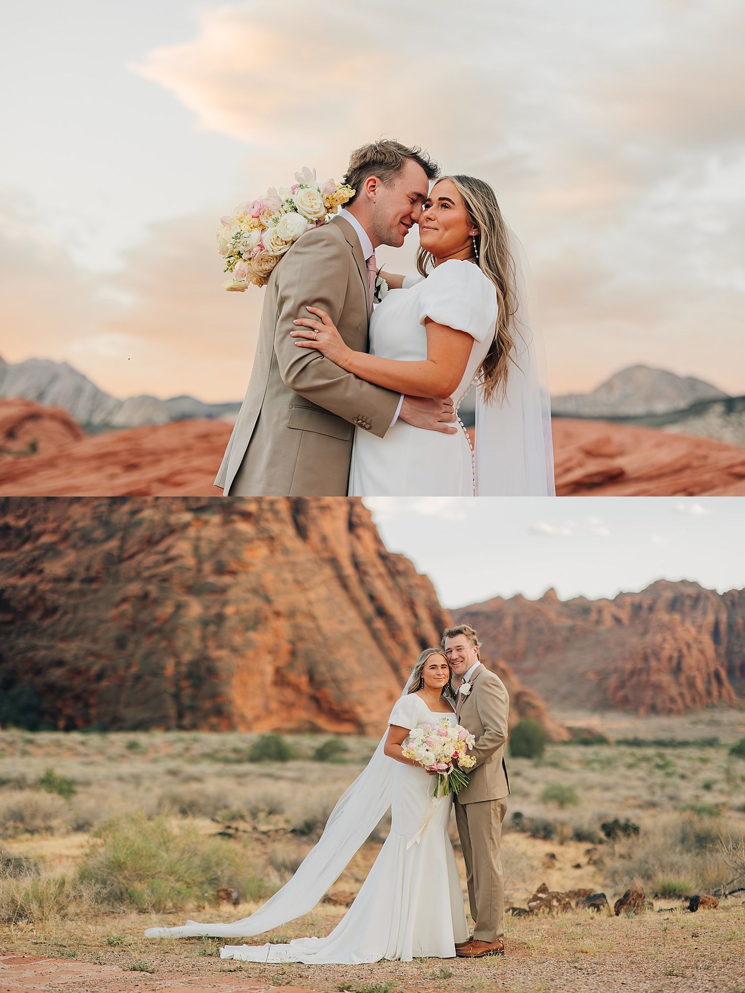 Bride and groom embrace at sunset with red rock canyon backdrop in desert wedding portraits.