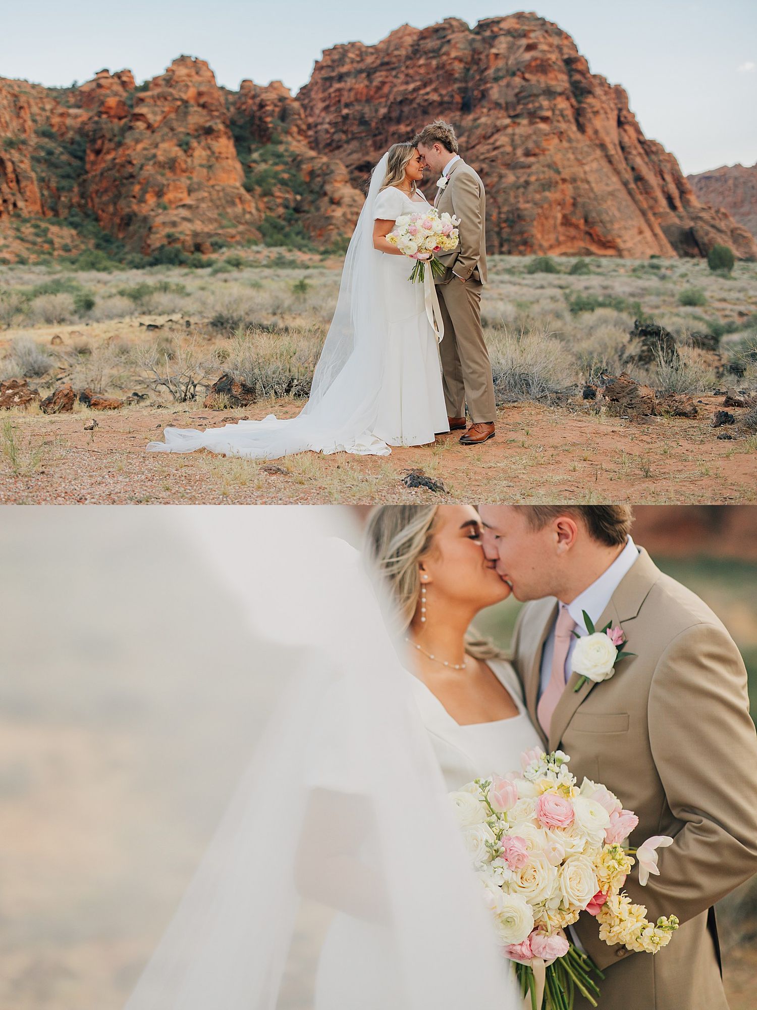 Bride and groom kissing in front of red rock canyon landscape, bride holding pink and white bouquet in wedding veil.