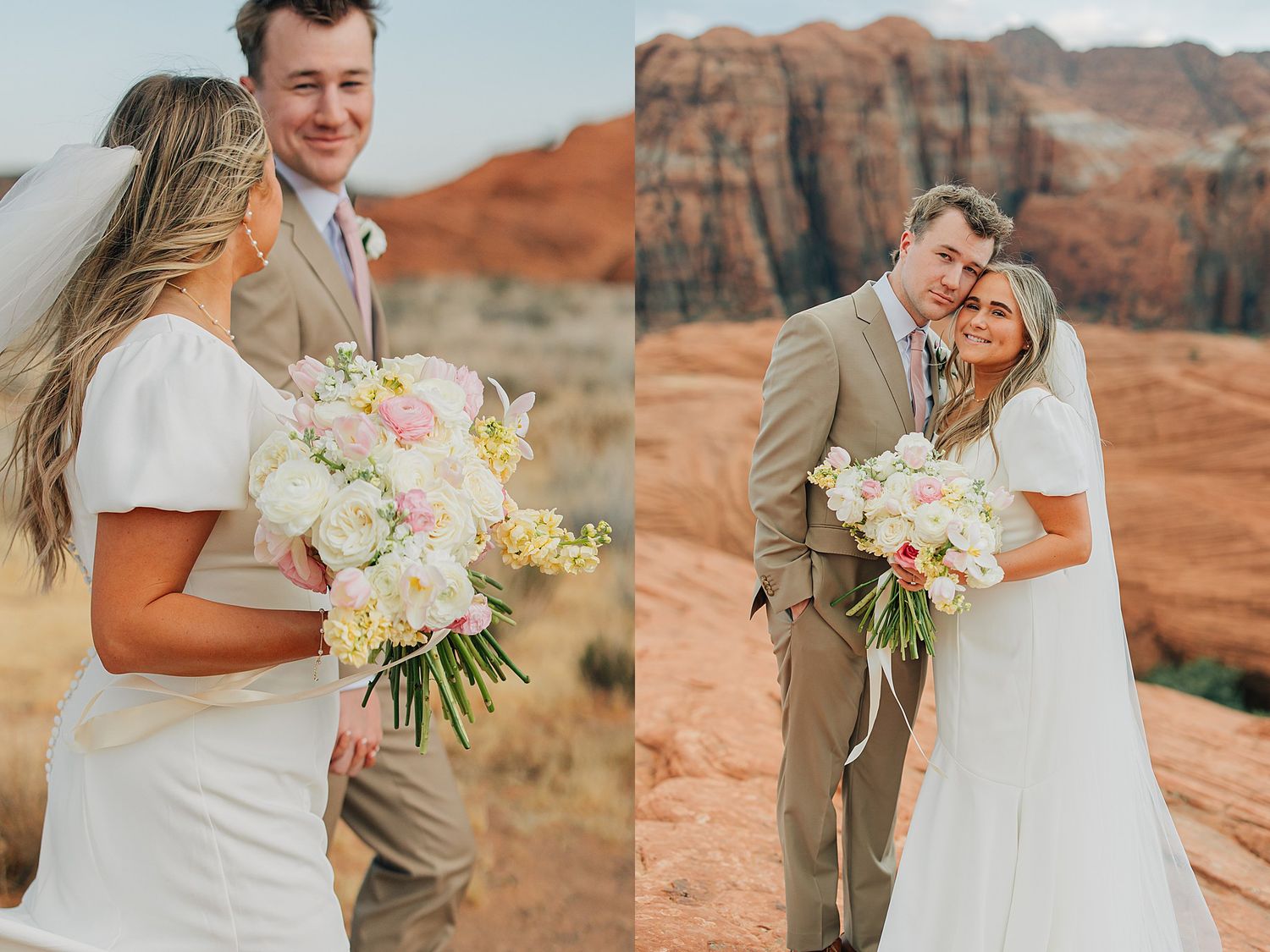 Bride and groom posing together in front of red rock canyon landscape, bride holding pink and white floral bouquet.