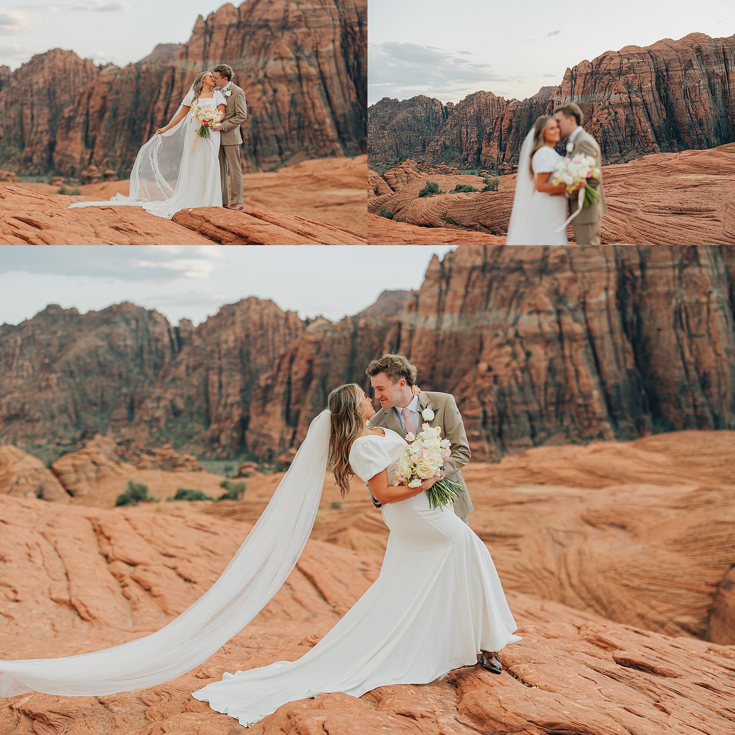 Bride and groom share a romantic kiss on red rock formations with stunning canyon cliffs backdrop during desert wedding.