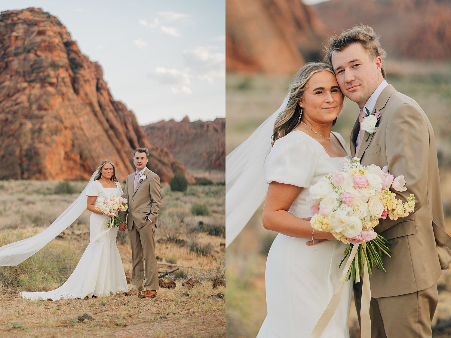 Bride and groom pose in front of red rock canyon landscape, bride wearing white gown with veil holding pastel bouquet.