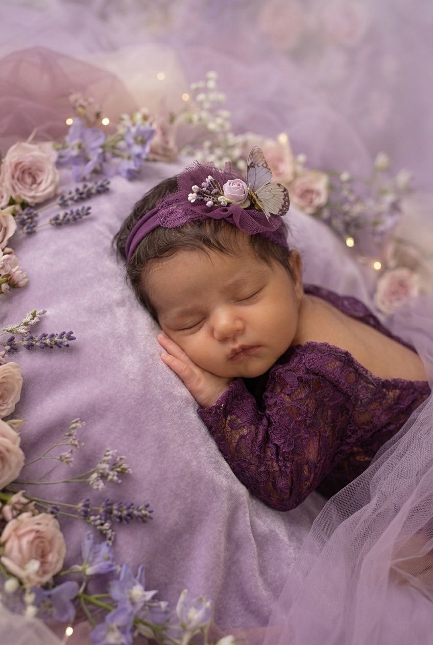 Peaceful newborn baby girl sleeps wrapped in purple lace surrounded by lavender roses and a floral headband.