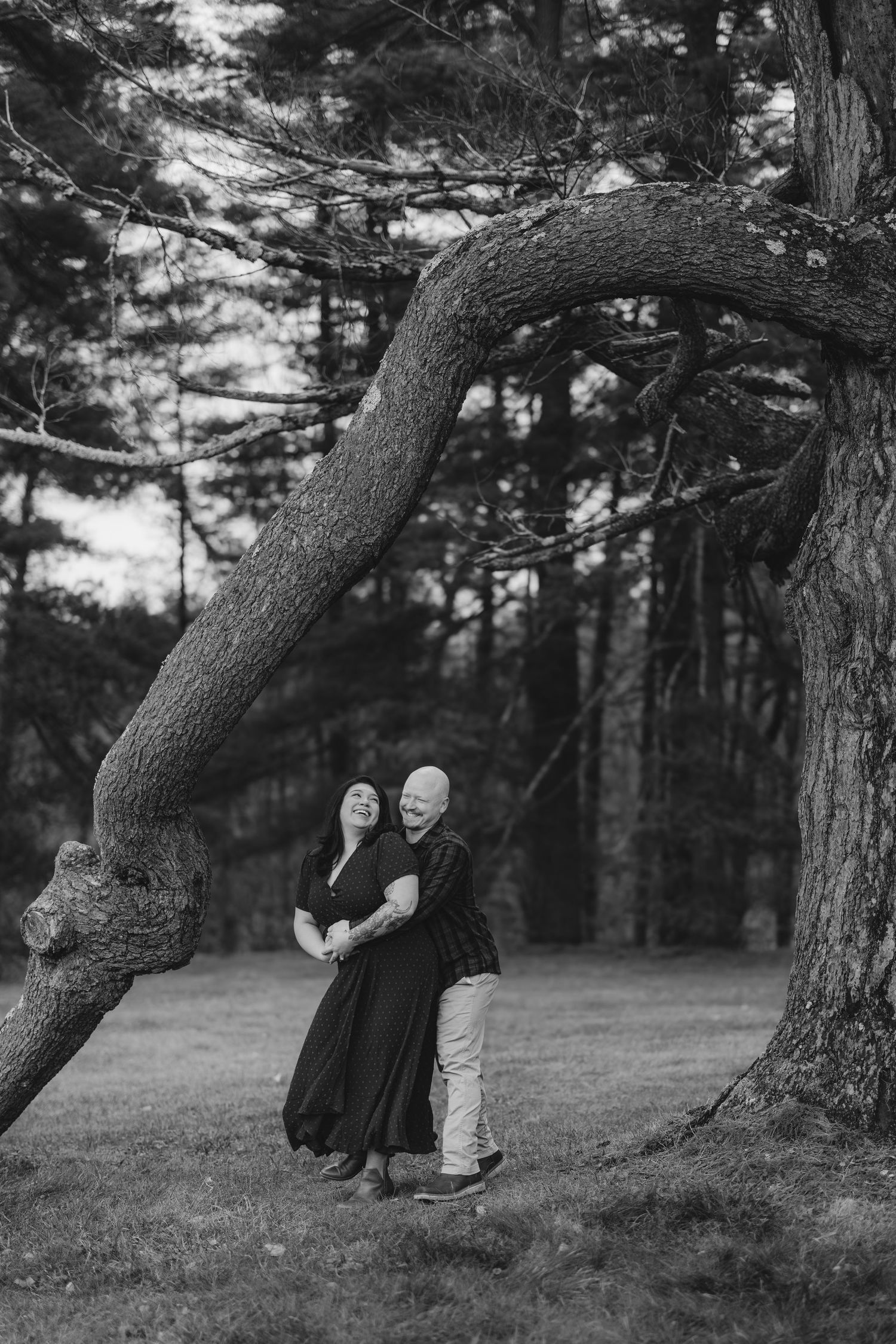 Black and white photo of a couple embracing under a curved tree in a forest park setting.