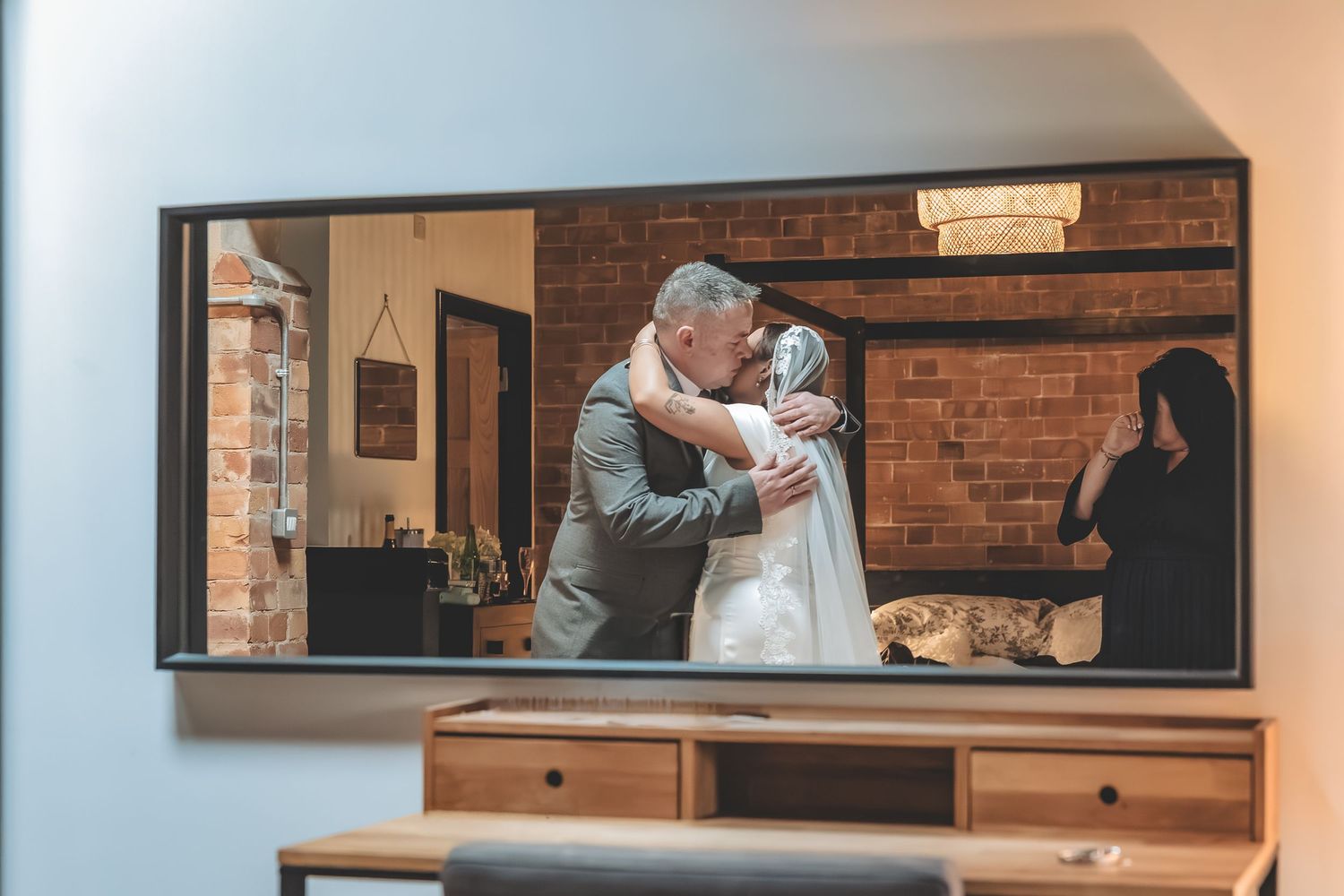 An emotional father and daughter, bridal reveal at The Pumping House wedding Venue in Nottinghamshire.