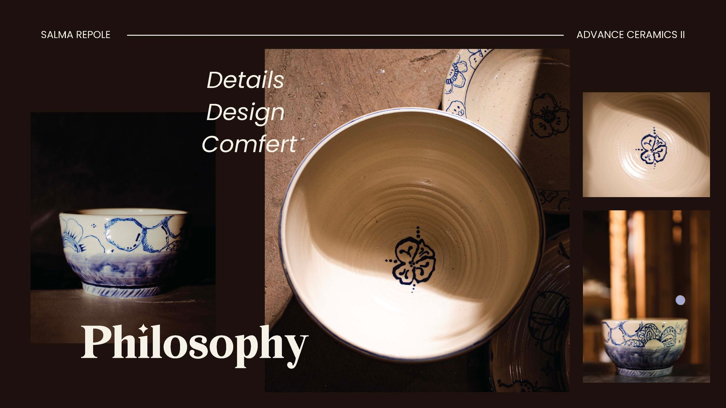 Ceramic portfolio slide showcasing philosophy of details, design, and comfort with blue and white pottery pieces.
