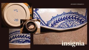 Close-up collage of blue and white ceramic insignia markings on handcrafted pottery pieces.