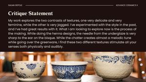 Ceramics critique statement slide describing contrasting textures in handcrafted blue and white pottery.