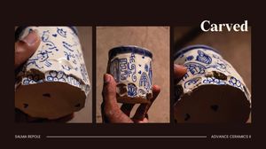 Triptych of carved blue and white ceramic cylindrical vessel held and displayed from multiple angles.