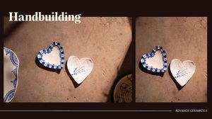 Two heart-shaped ceramic pieces with blue dot details displayed side by side in handbuilding slide.