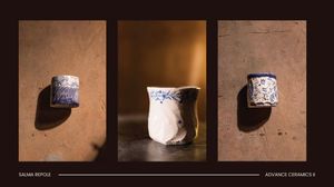 Triptych of three small blue and white ceramic cups displayed against a warm brown background.
