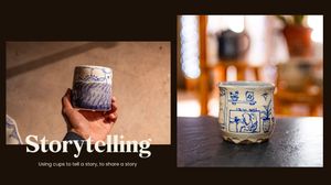 Two ceramic cups with blue storytelling designs, one held in hand and one displayed on dark background.