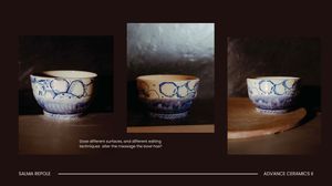 Triptych of blue and white ceramic bowl with rustic glaze on dark background showcasing different surfaces and editing.