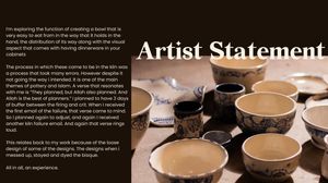 Artist statement slide featuring rows of ceramic bowls with blue designs on dark background with white text.