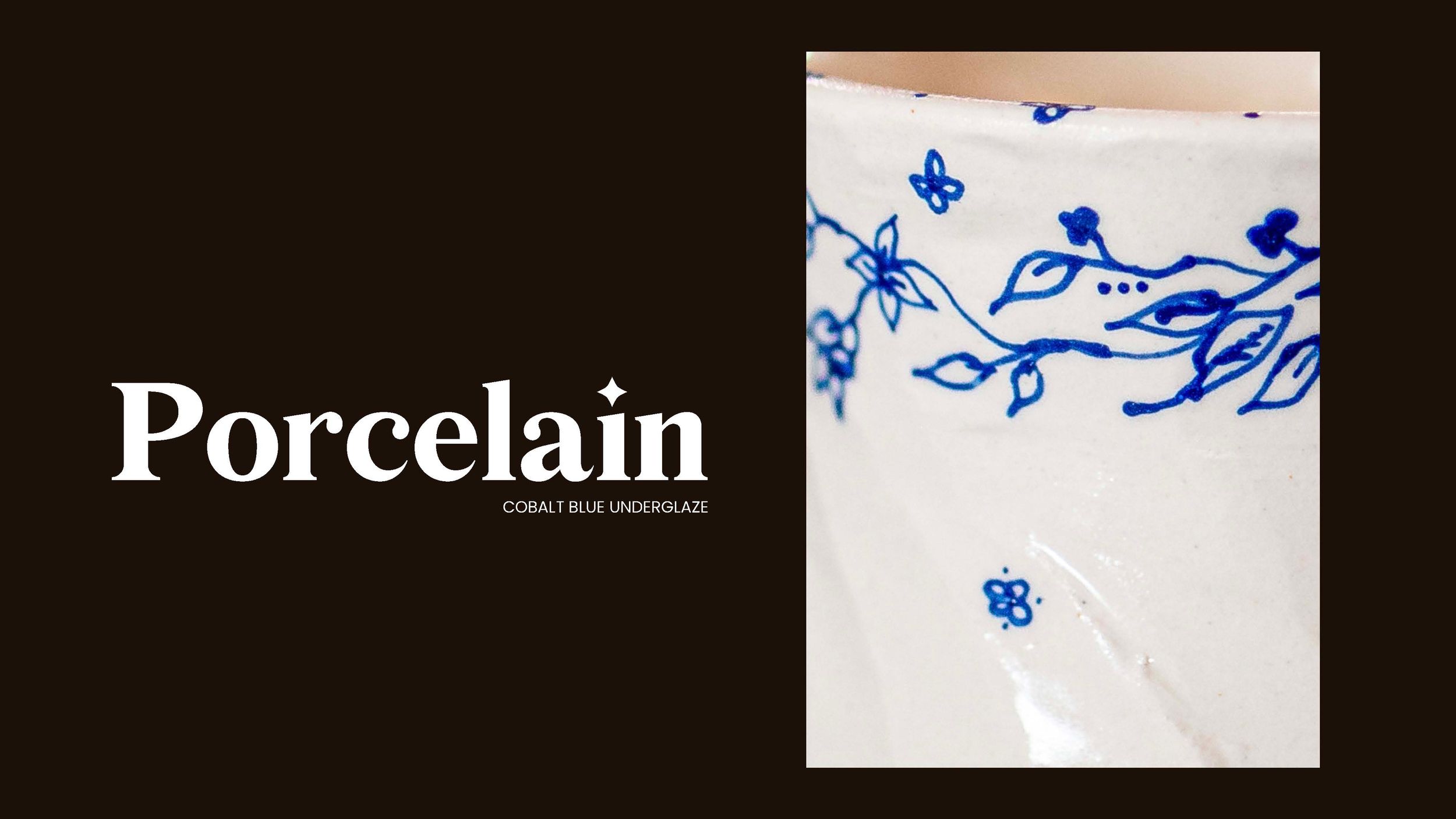 White porcelain cup with cobalt blue underglaze botanical illustrations of birds and flowers on dark background.
