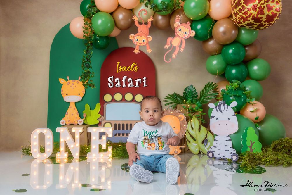 Baby sitting before safari themed first birthday backdrop with giraffe, zebra decorations and ONE sign.