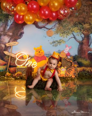 Baby in Winnie the Pooh costume poses before Hundred Acre Wood birthday backdrop.