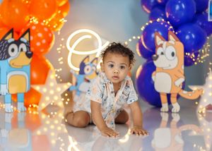 Baby crawls on floor surrounded by Bluey cartoon character cutouts and colorful orange and blue balloon decorations with fairy lights.