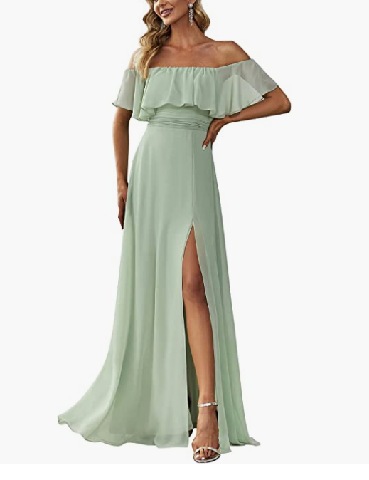Sage green off-shoulder chiffon maxi dress with ruffle neckline and side slit, perfect for bridesmaids.