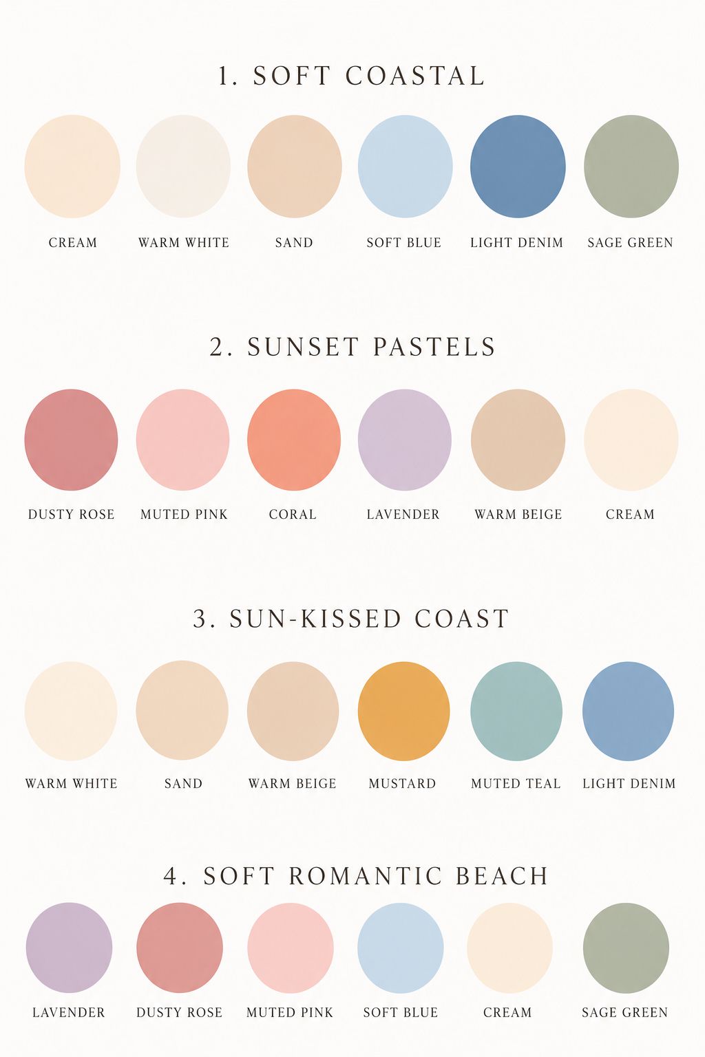 Color palette guide showing five coastal themes: Soft Coastal, Sunset Pastels, Sage & Sand, Neutral Coastal, and Soft Romantic Beach.
