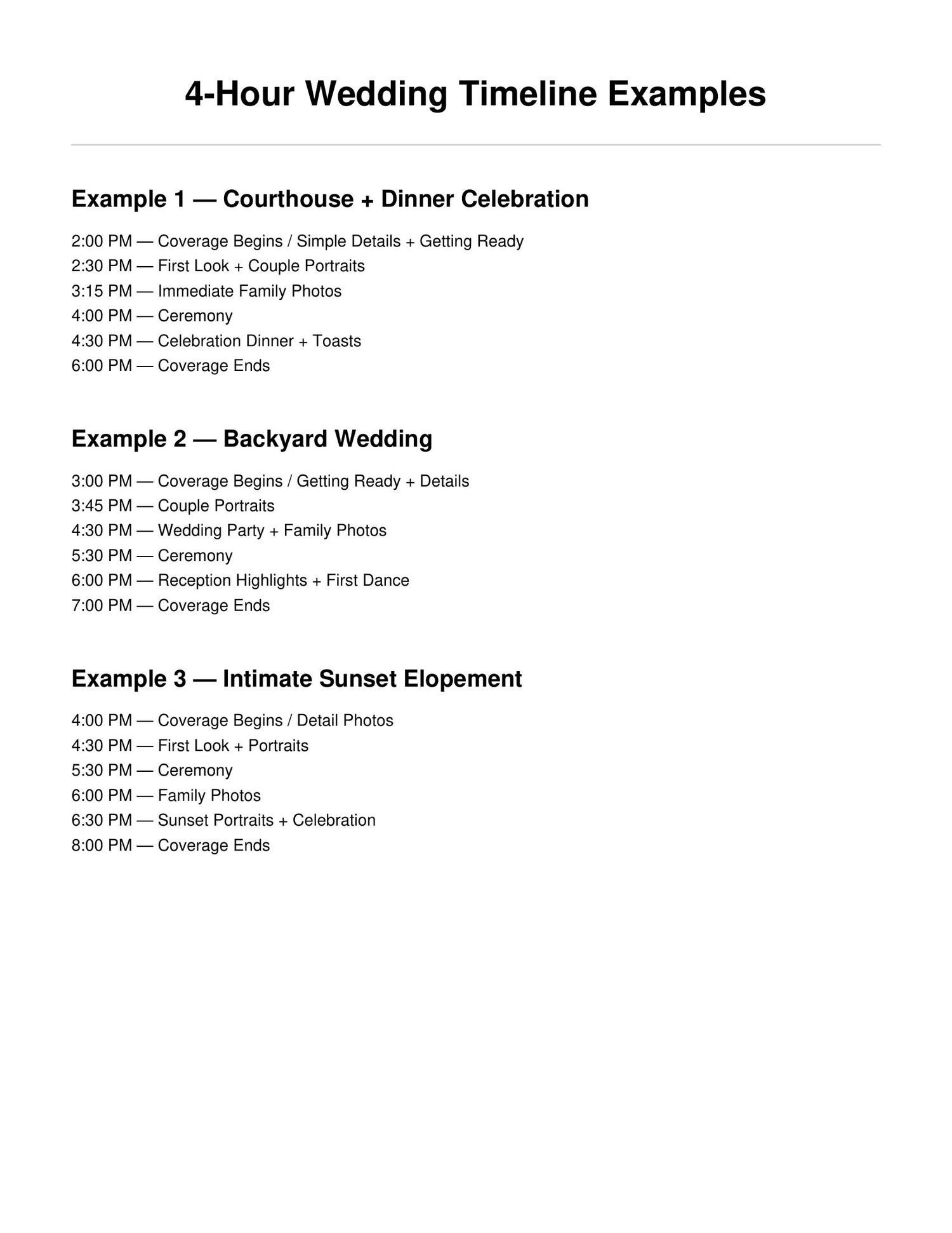 A 4-hour wedding timeline guide showing three example schedules for courthouse dinner, backyard, and intimate sunset elopement weddings.