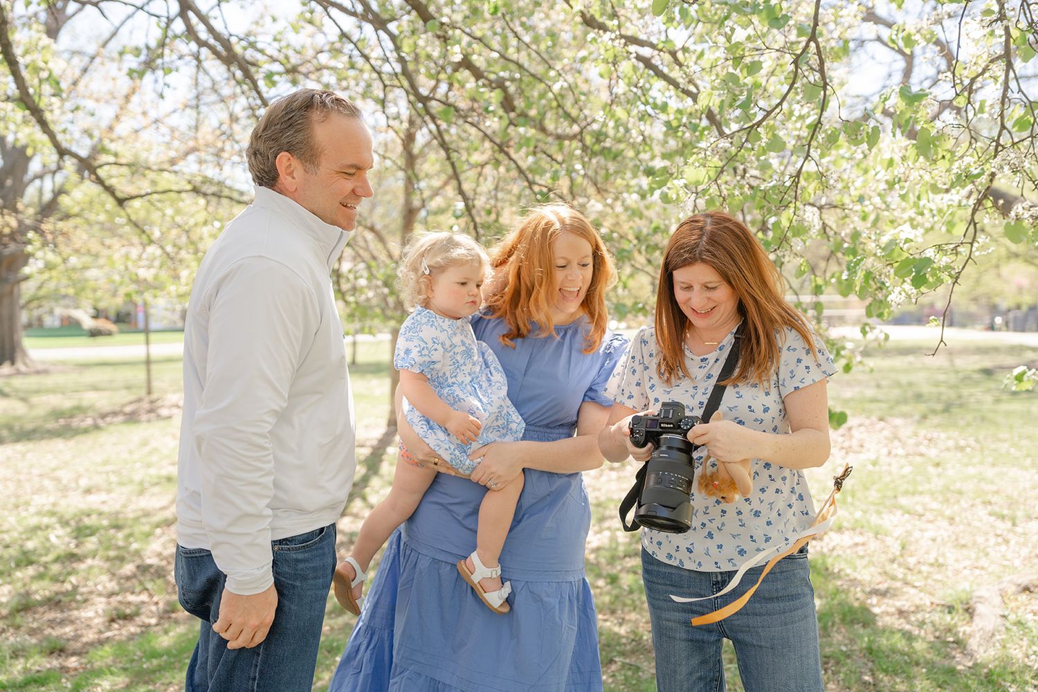 Family with toddler reviews photos on camera with Sarah Thayer outdoors under blooming trees in a sunny park in Arlington Virginia.