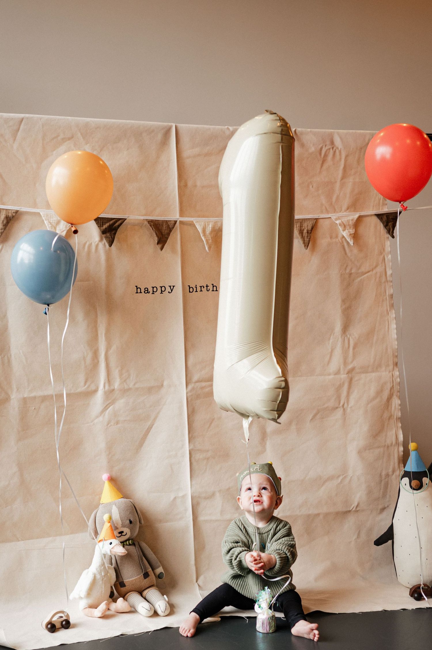 Baby's first birthday party with colorful balloons, number one balloon, and happy birthday banner backdrop.
