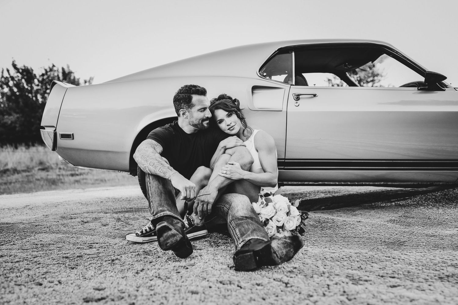 Joel Freeman and Megan Ewoldsen engagement photos in McKinney Texas with vintage Mustang