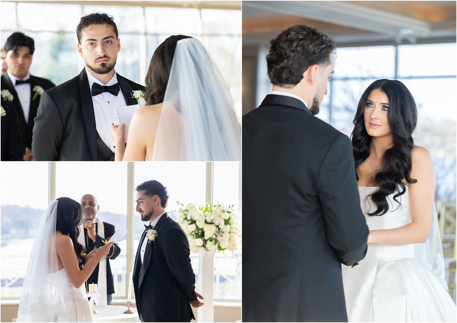motional groom listening to his bride's vows during a luxury wedding ceremony in glen island Westchester County, NY.