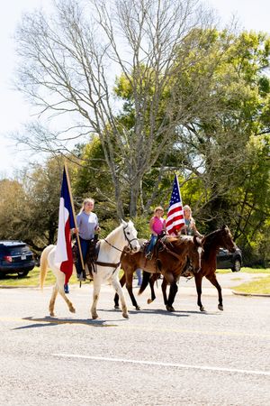 Riders on horseback carry Texas and American flags in a patriotic outdoor parade on a sunny day.