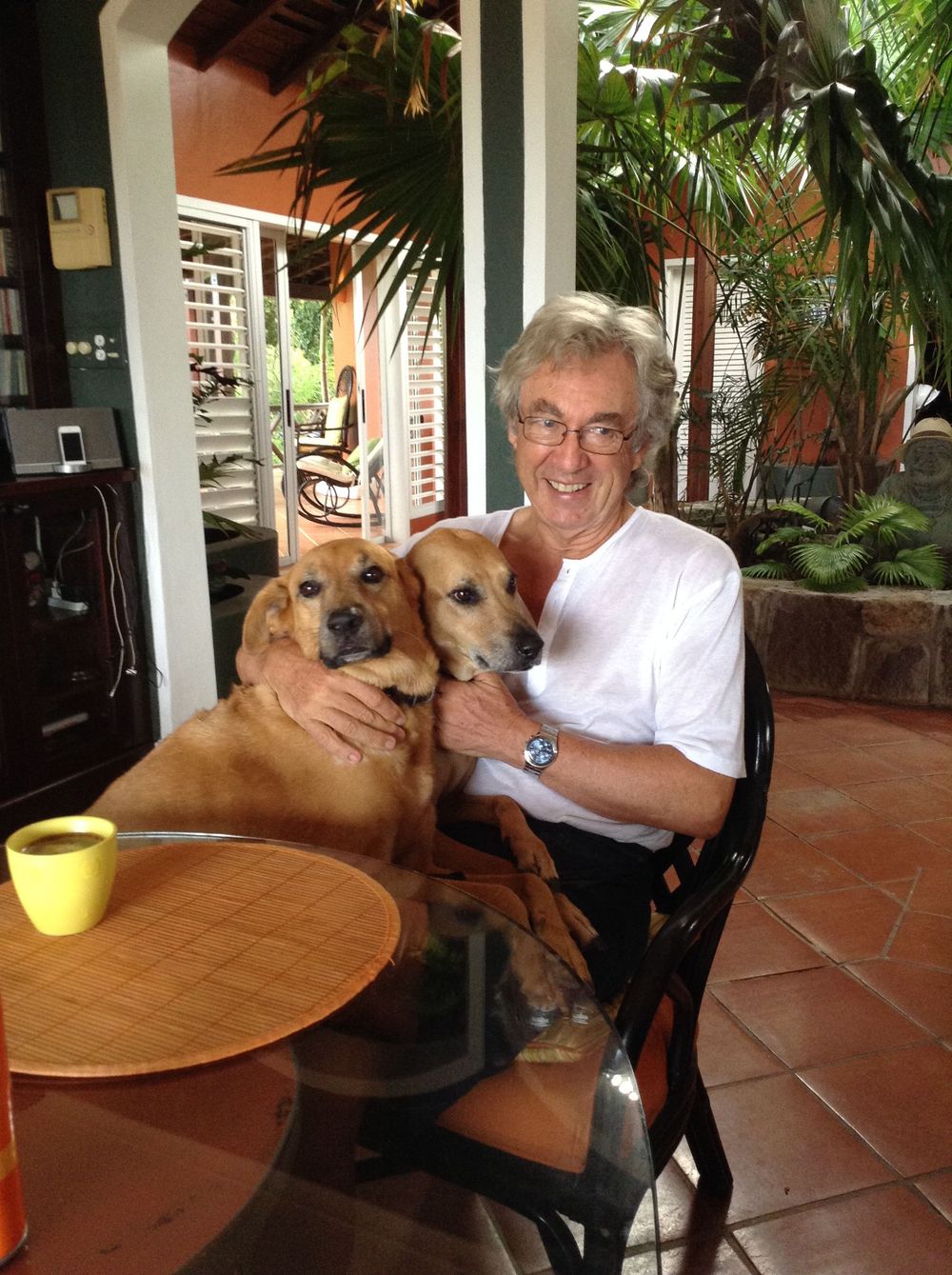 Smiling man hugging two golden retriever dogs at an outdoor patio table with tropical plants in background.