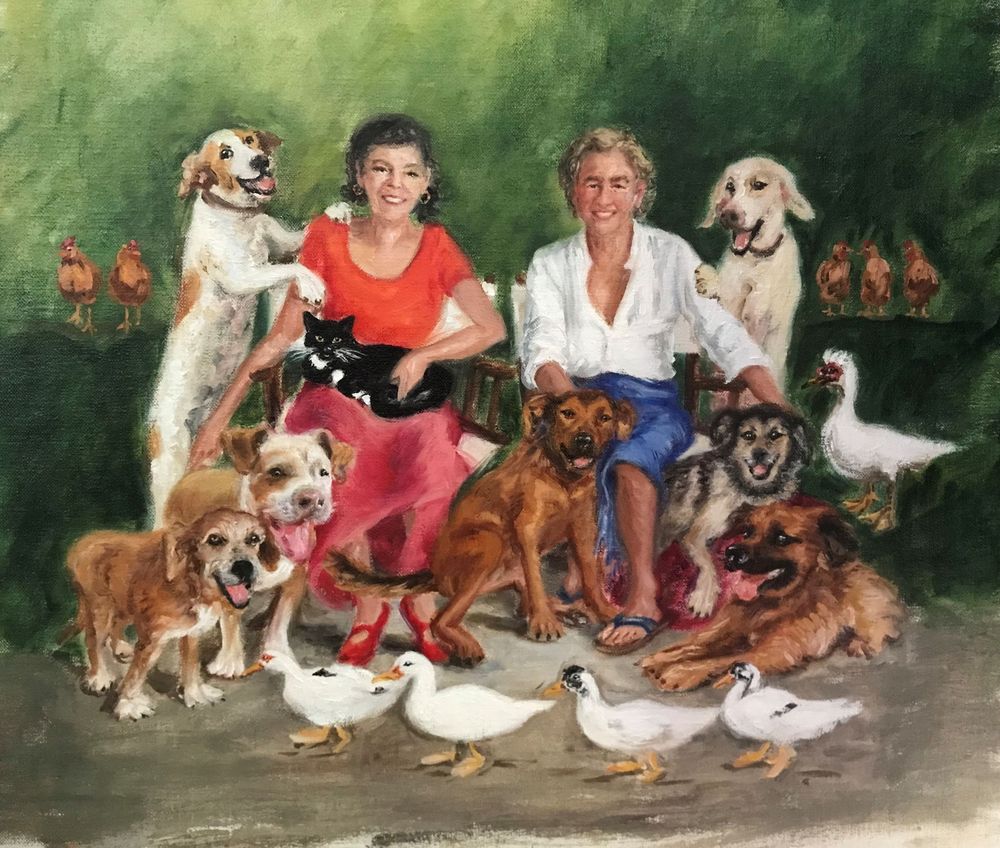 Oil painting of two women surrounded by dogs and ducks in a lush green outdoor setting.