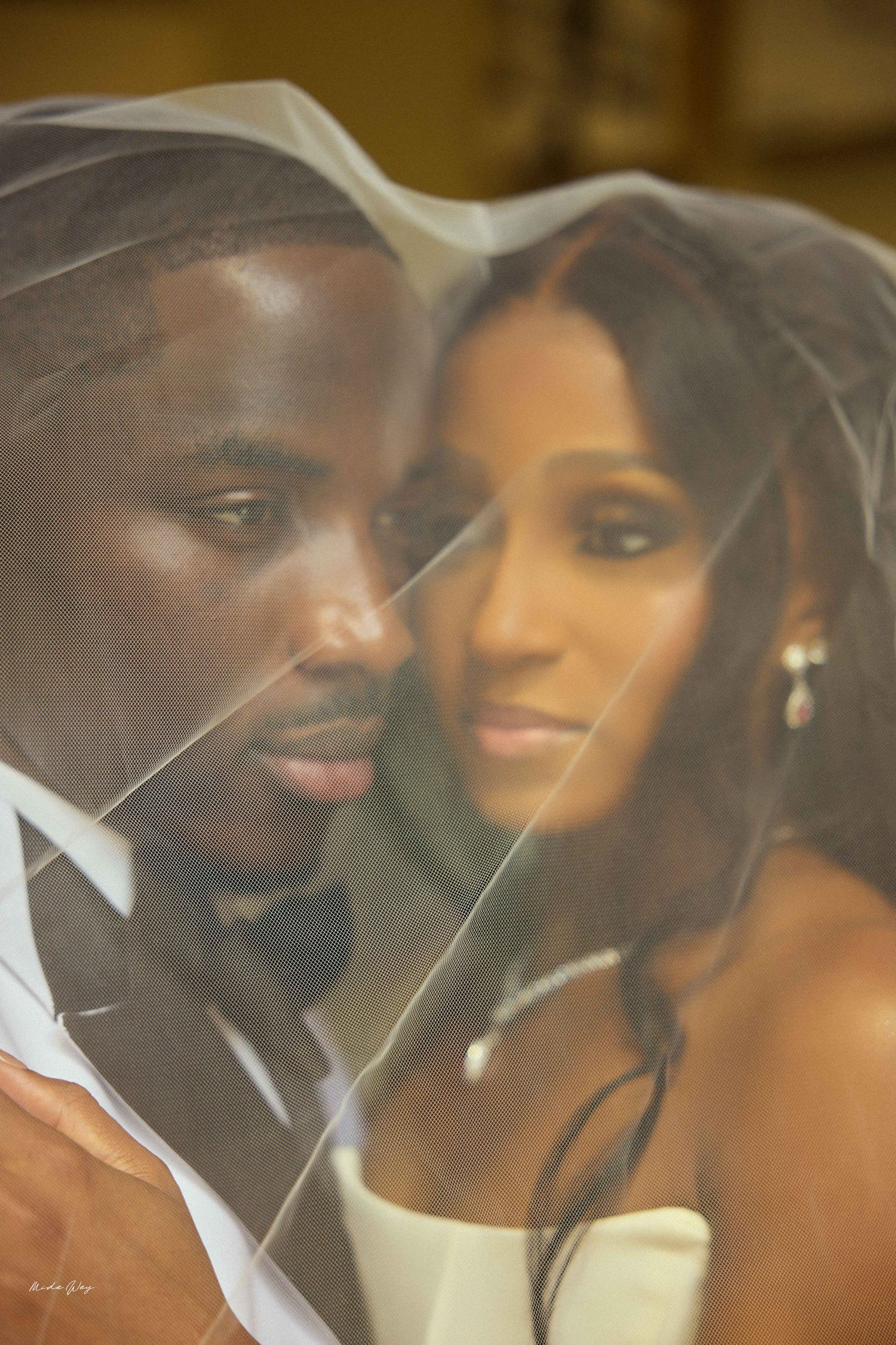 A bride and groom share an intimate moment under a sheer wedding veil, captured in a romantic close-up portrait.