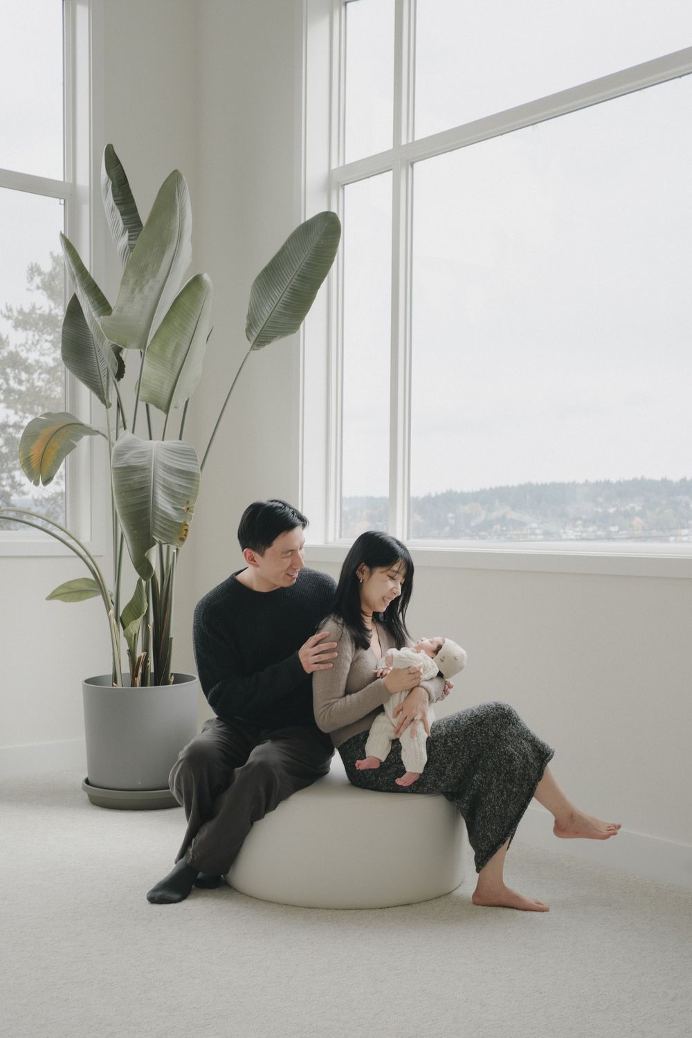 Parents share a tender moment with their newborn on a white ottoman near large windows with a bird of paradise plant nearby.