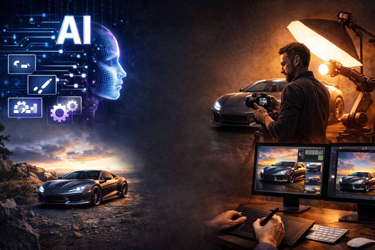 Artistic composite showing AI technology concept with digital profile, sports car and computer workstation setup in dark atmosphere.