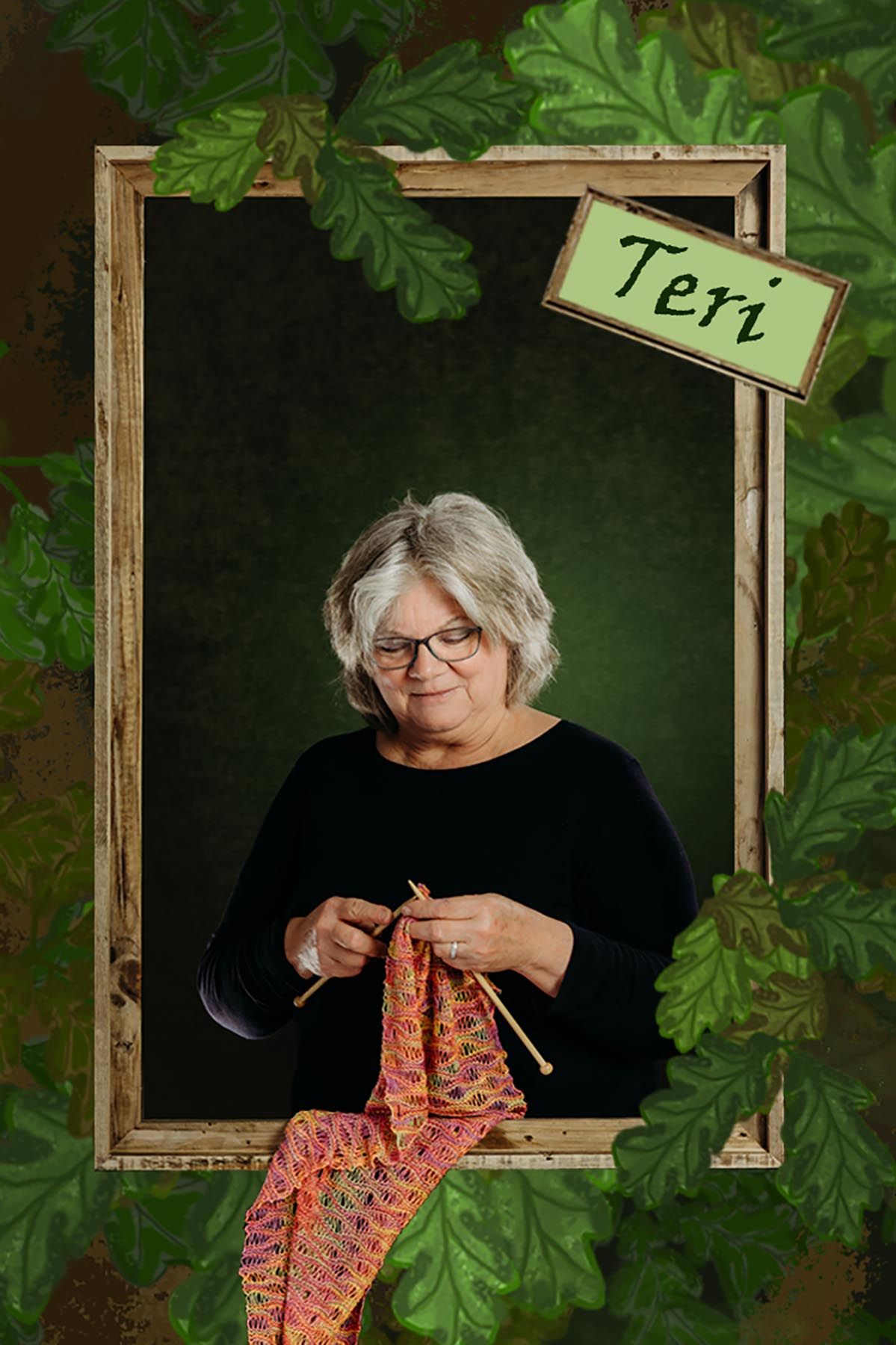 Series of knitting progress photos with wooden frame and green foliage background showing yarn work in progress.