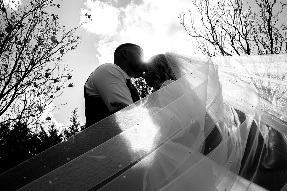 A series of black and white photographs showing a couple in wedding attire with dramatic sunlight and shadows.