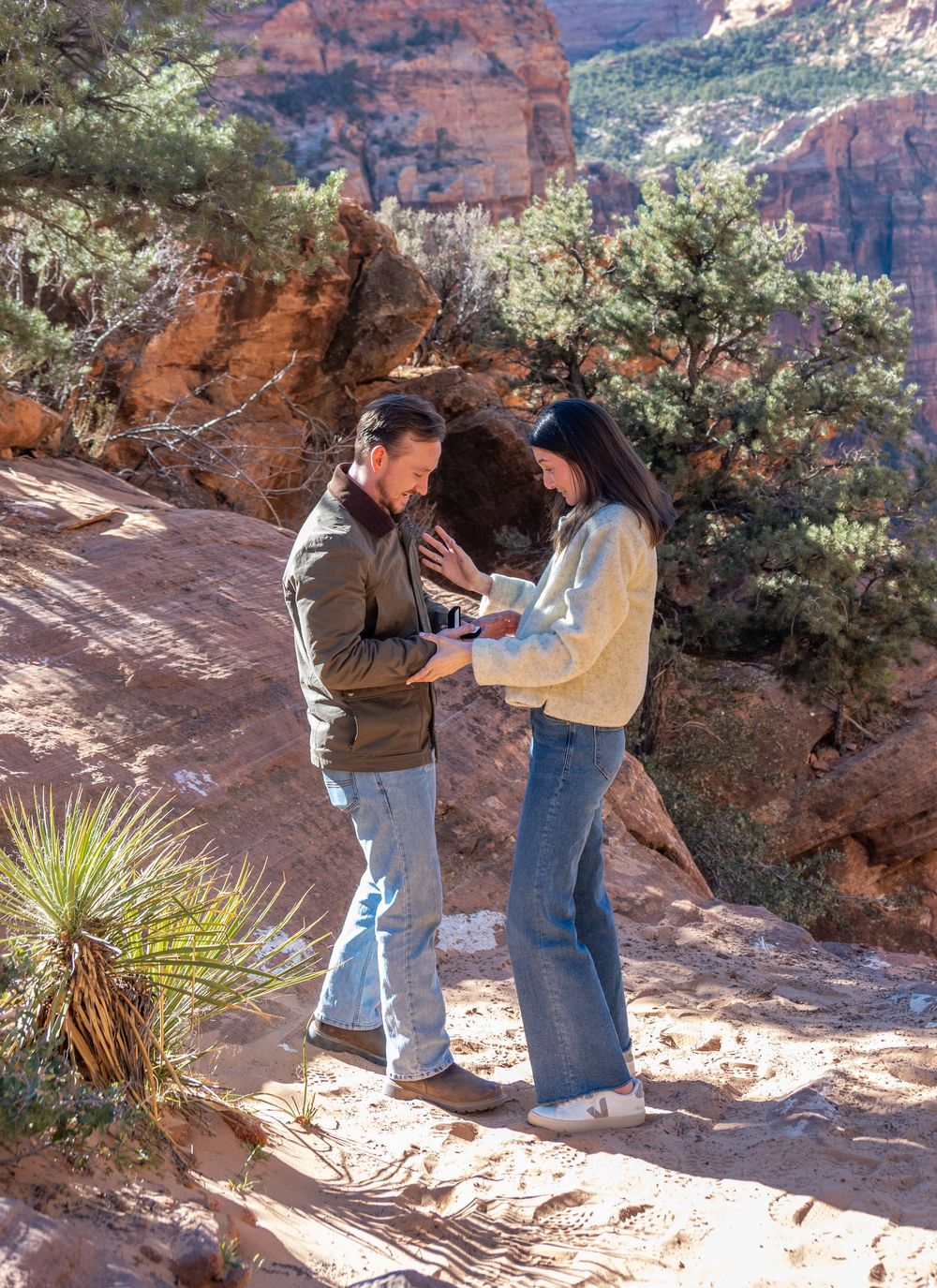 Man presenting engagement ring box to surprised woman at scenic Zion National Park overlook.
