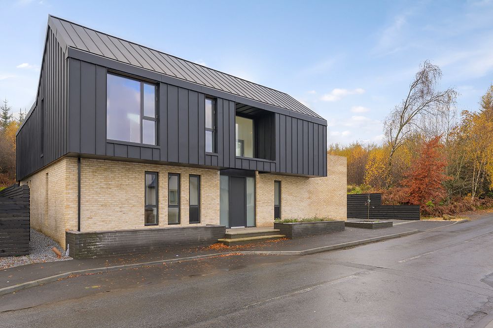 Modern minimalist house with dark metal siding and large windows set against an autumn landscape.