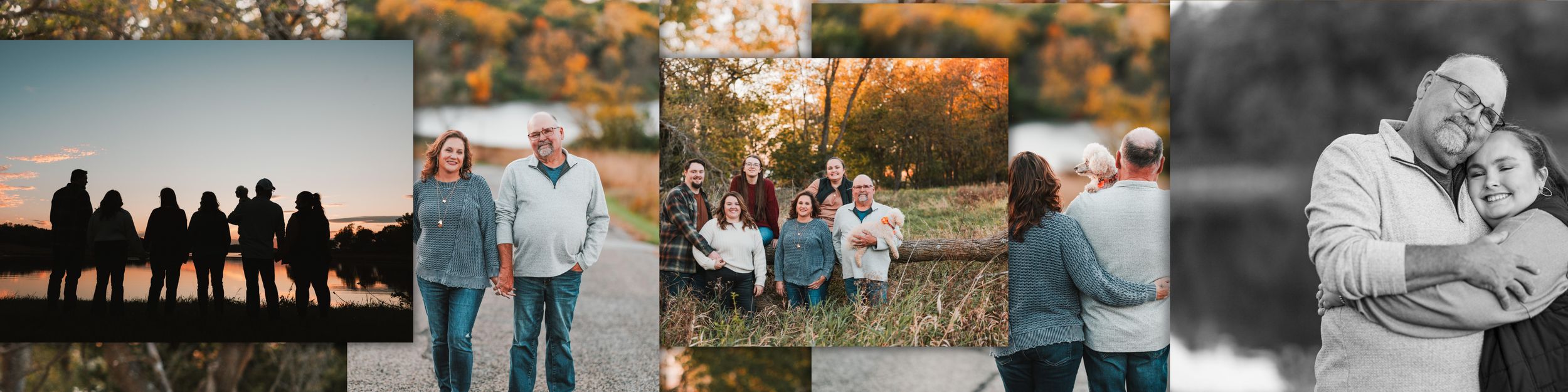 A collection of romantic engagement and wedding photos showing couples in outdoor settings during autumn and winter seasons.