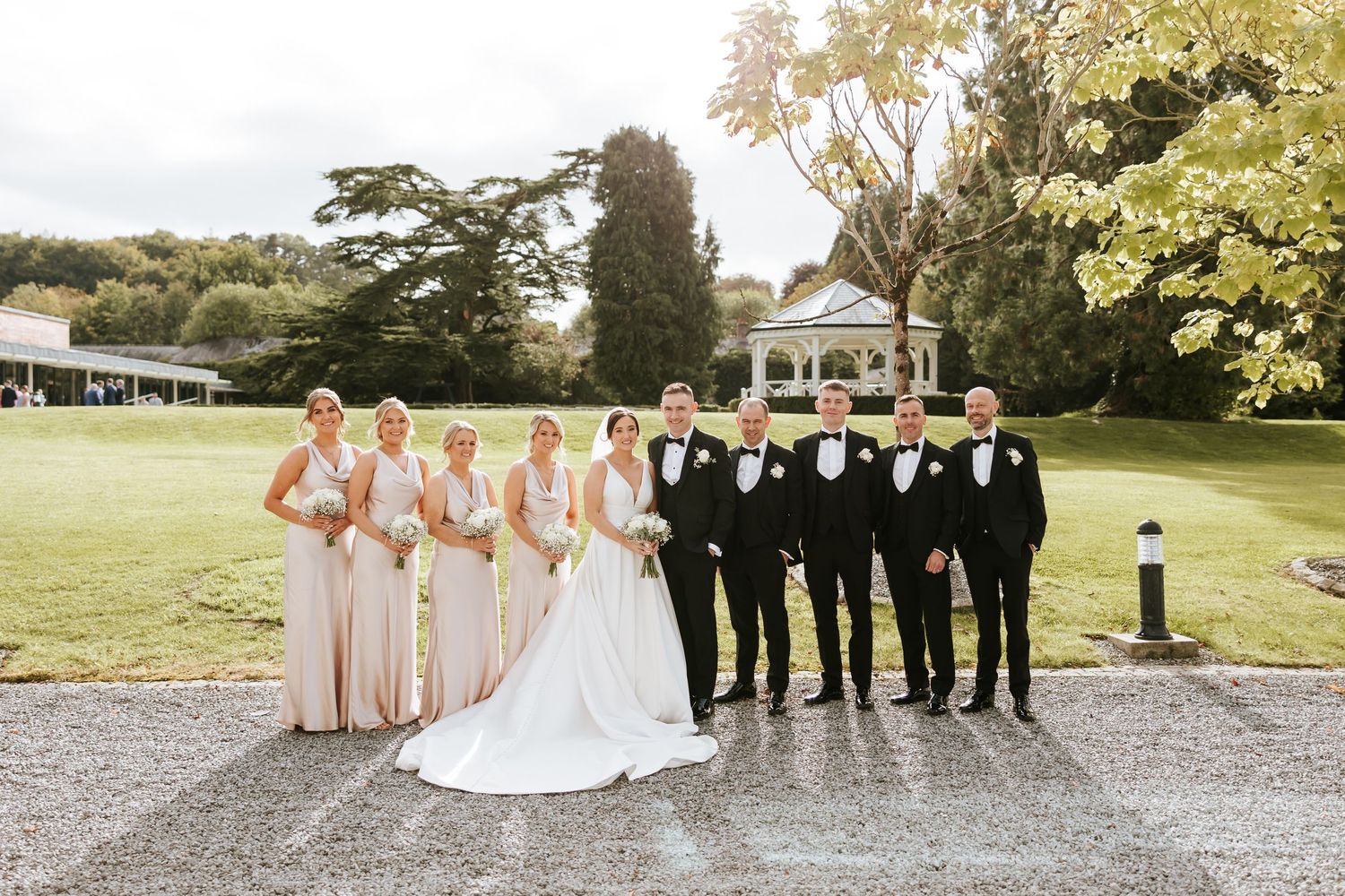 Wedding party poses outdoors in formal attire with bridesmaids in blush dresses and groomsmen in dark suits. Farnham Estate Hotel in County