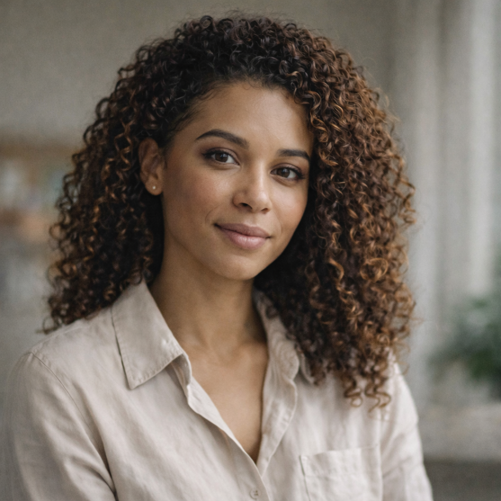 Professional woman with curly hair smiling in modern office setting.