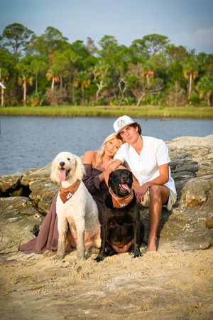 People relaxing on rocky beach with two dogs while enjoying scenic waterfront view at sunset.