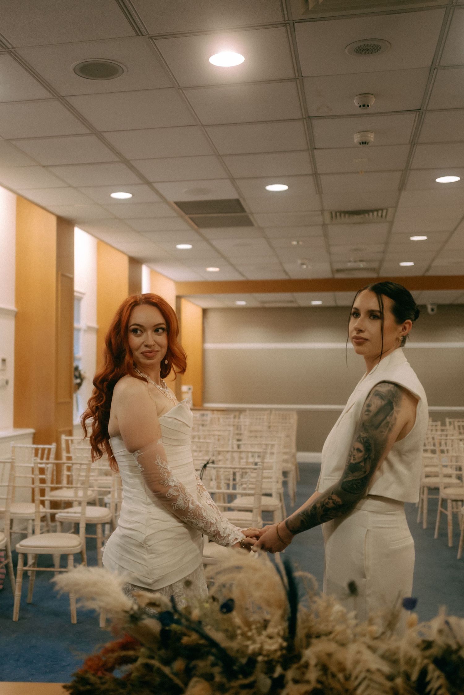 A series of vintage-style photos showing someone in a white satin dress getting ready in a warm-toned interior setting.