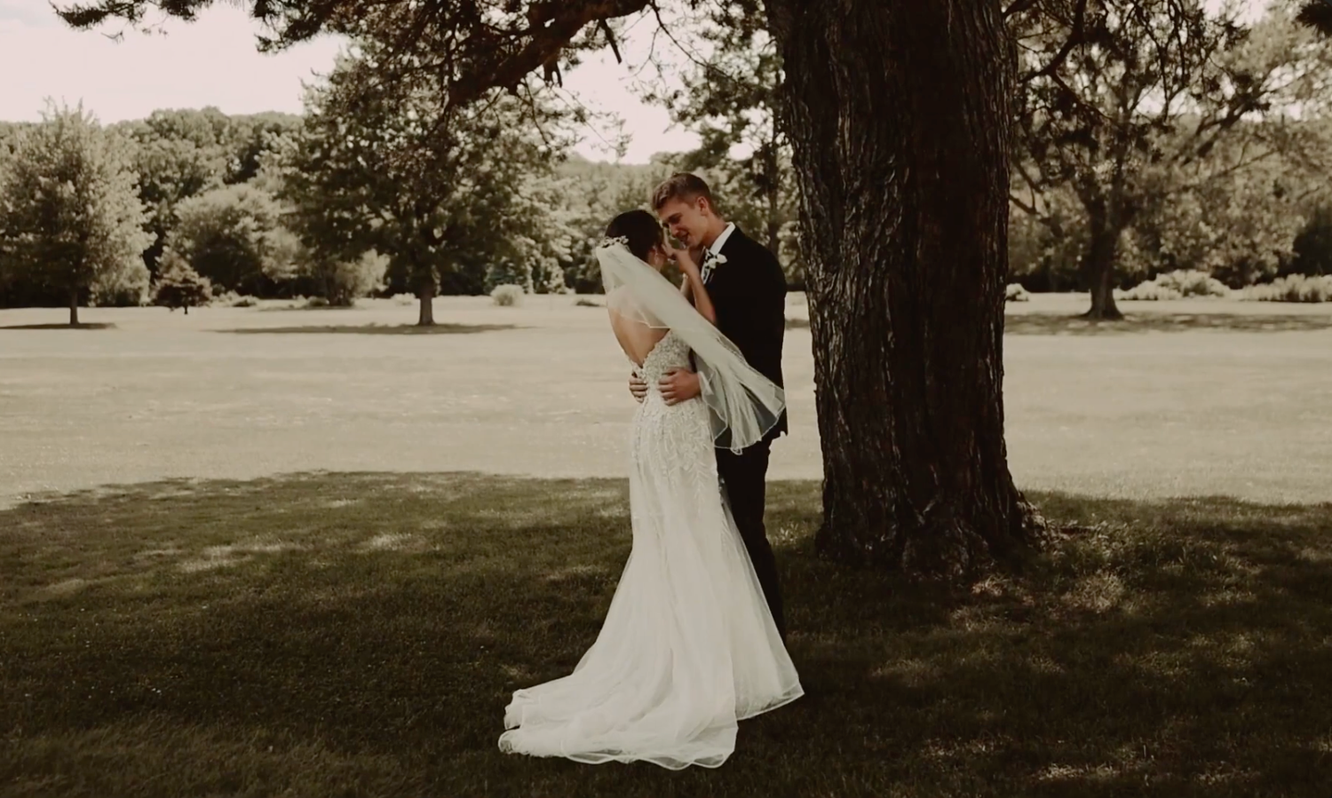 A romantic wedding couple embraces and dances together in a scenic park setting with large trees in sepia tones.