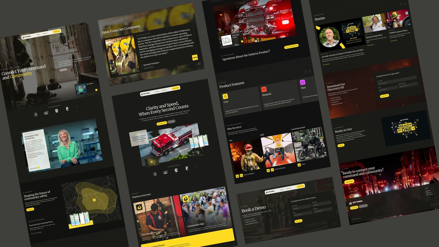 Horizontal strip of dark website interface screenshots showing various page layouts and designs.