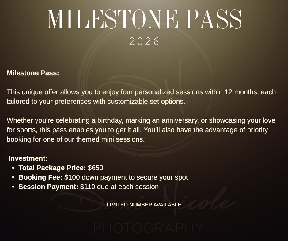 Milestone photography pass details and pricing displayed on dark background.