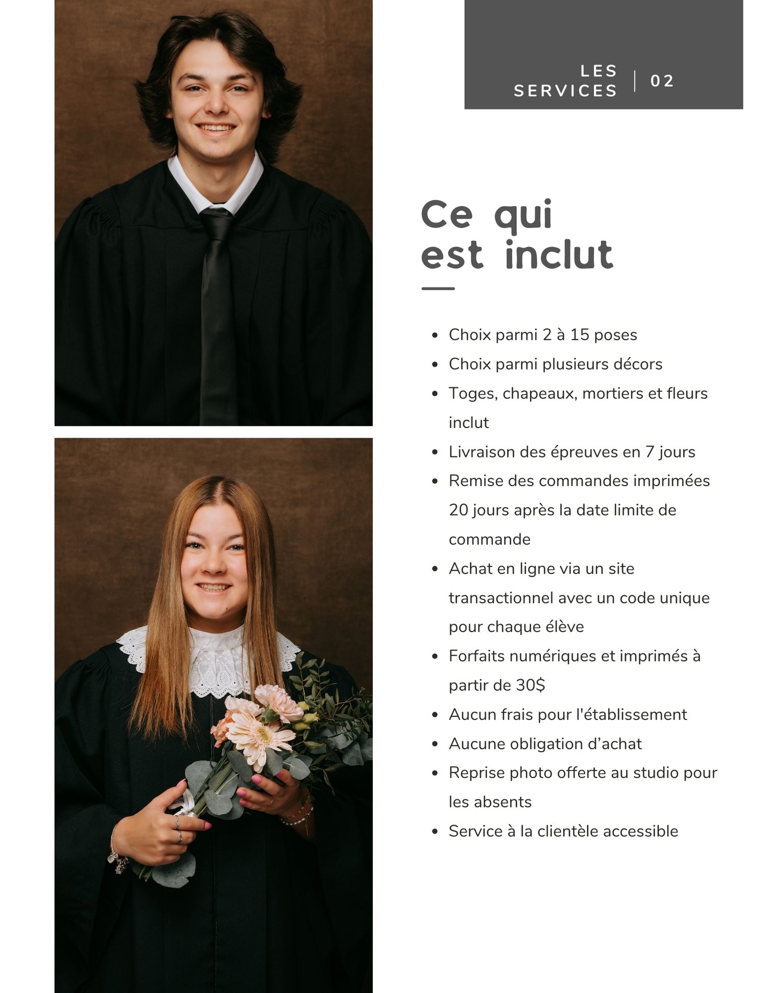 A series of professional photography service package details and pricing information displayed on marketing materials.