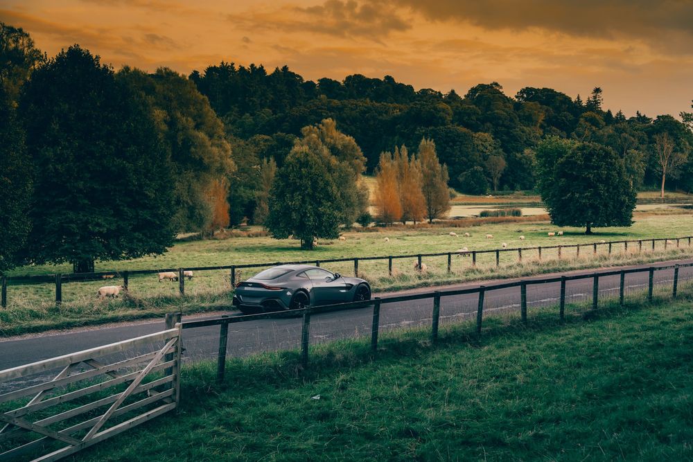 Scenic countryside landscape with wooden fences and autumn trees along a winding road at sunset.