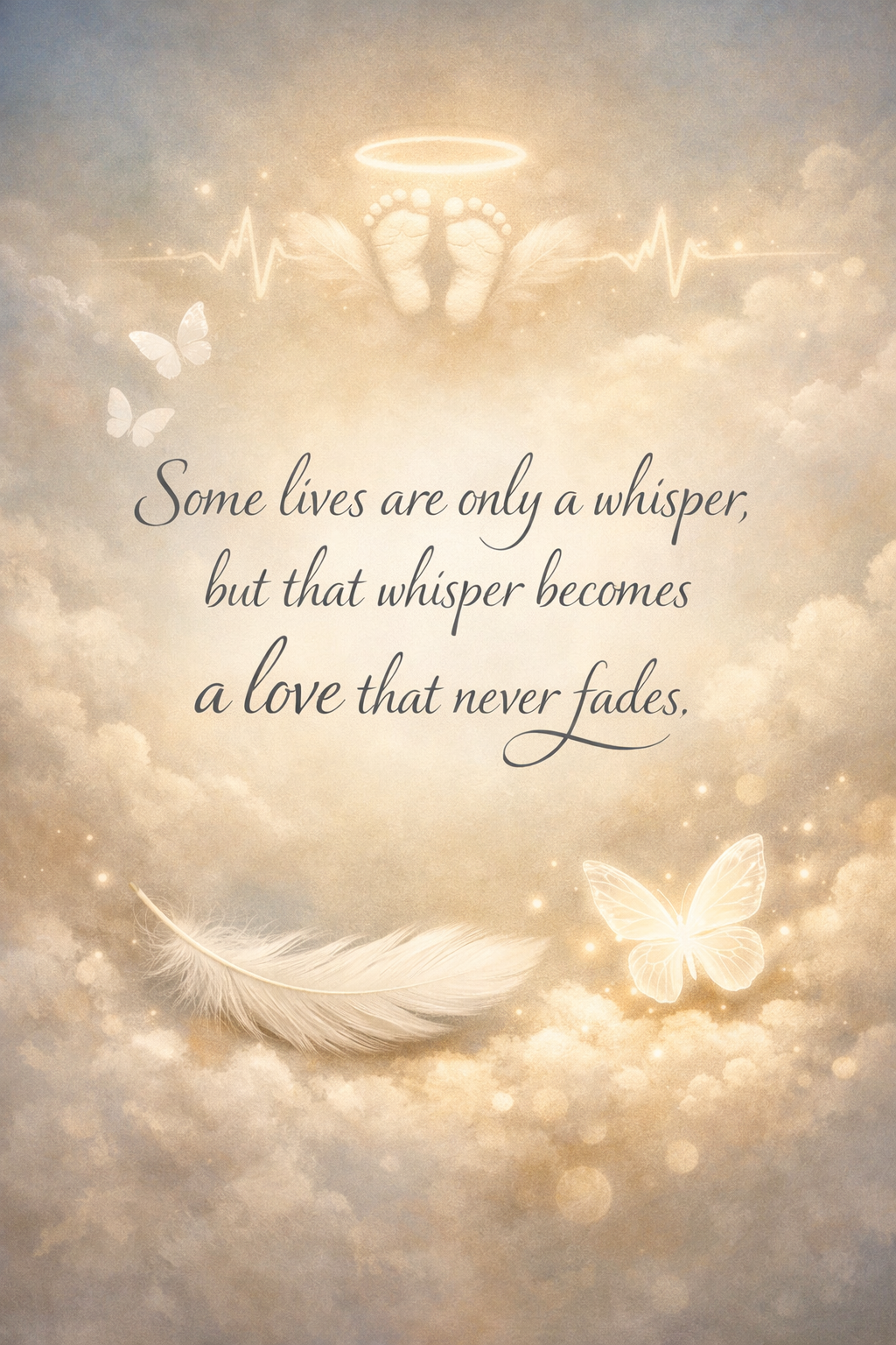 Inspirational quote about whispers and love fading overlaid on ethereal feather and light background.